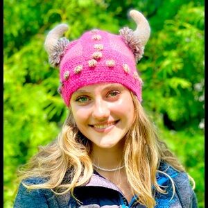 Peruvian Trading Company Handmade Pink Horned Viking Knit Hat